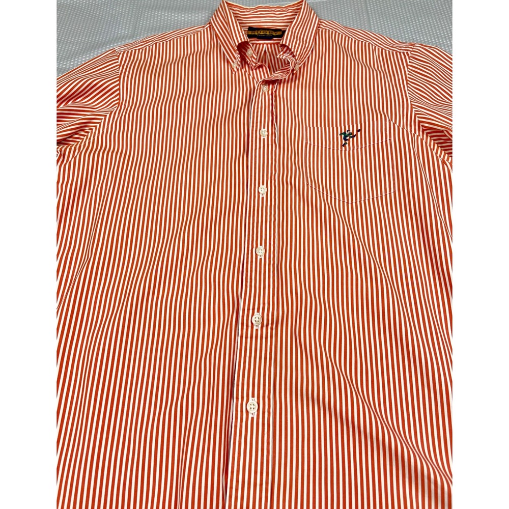 Ralph Lauren Rugby Shirt‎ Mens Medium Orange White Striped Long Sleeve Button Up - Picture 6 of 14